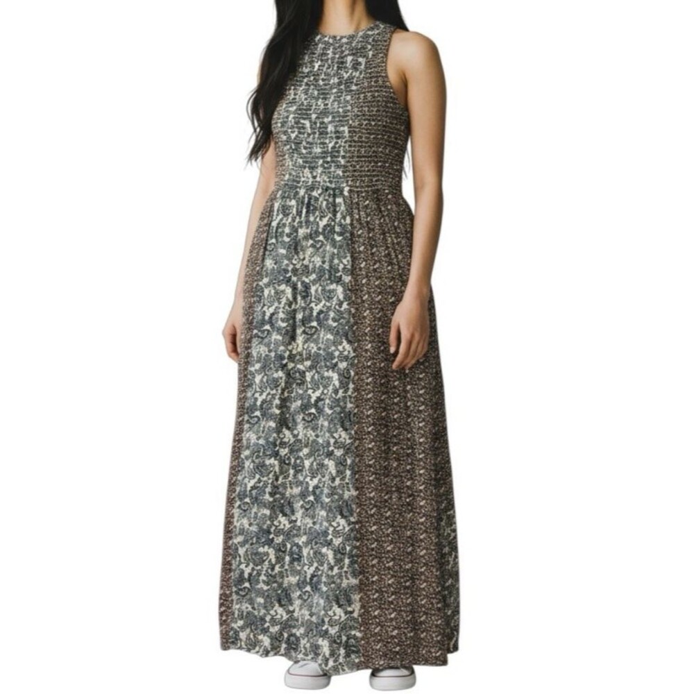 Japna NEW Smocked Bodice Sleeveless Maxi Dress Medium Boho Blue Paisley Floral